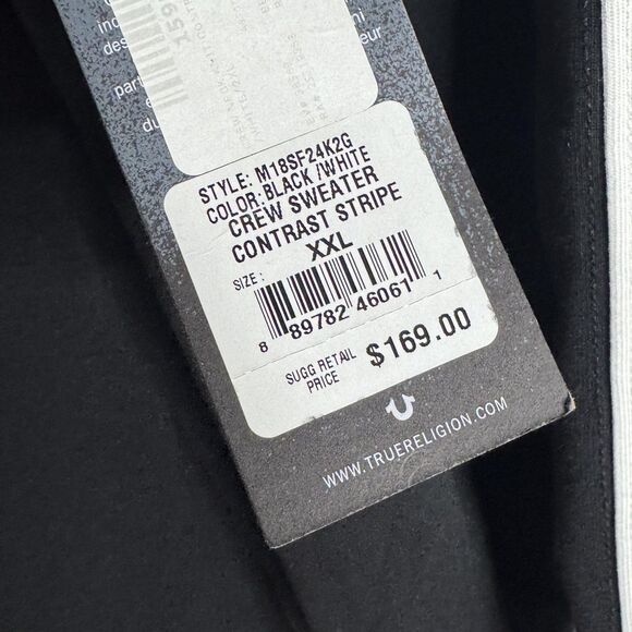 True Religion Sweater Mens 2XL Black White Contrast Stripe Crew Logo M18SF242K2G - Picture 6 of 12